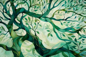 Twisting branches of a tree in abstract form, with leaves in shades of emerald and lime, creating intricate patterns and a sense of growth and life.