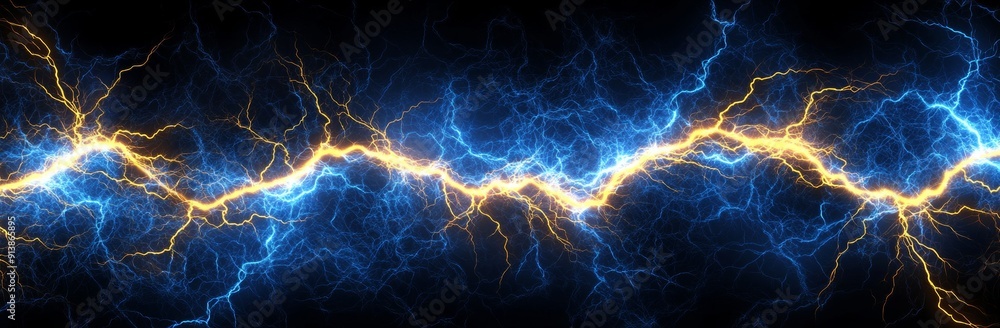 Poster thunder and light effect background. bolt energy collision in blue and yellow. lightning shock and m