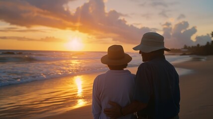 A couple stands arm in arm on a beach at sunset, gazing at the vibrant, colorful horizon as waves gently roll in, capturing a moment of tranquility and connection.