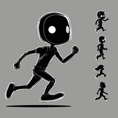 Stickman Character with Big Eyes for 2D Endless Runner Game - Cute Theme, Black Color, Right Side View, Running Animation Sprite Sheet on Transparent Background