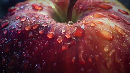 A close-up shot of a dewy red apple, droplets glistening on its surface, highlighting the freshness and juiciness of the fruit, ready to be enjoyed.