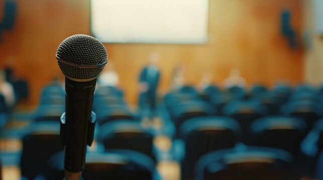 A focused microphone stands poised before an empty auditorium with a blurred presenter in the background, ready for an upcoming lecture or presentation.