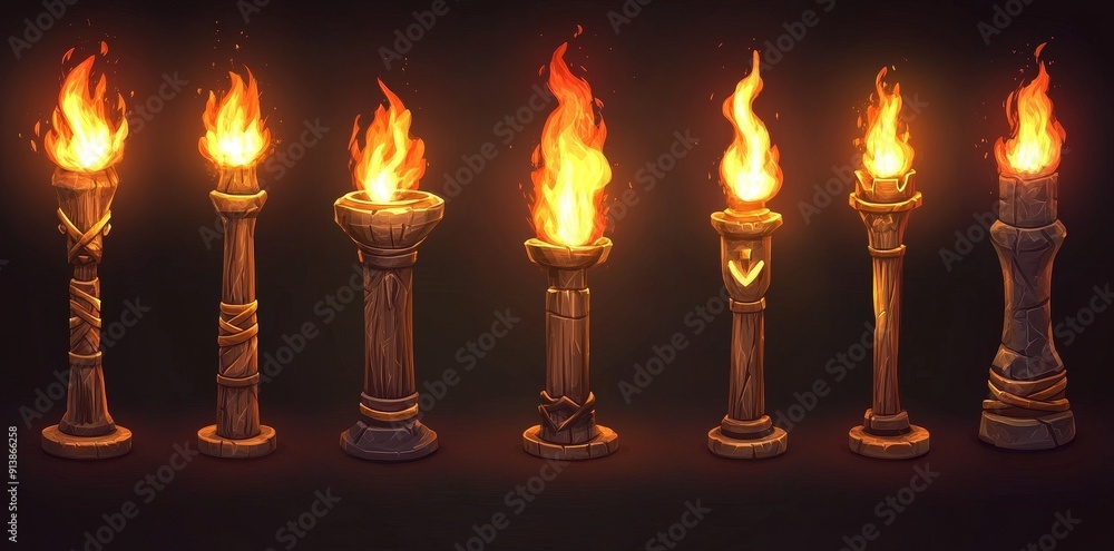 Poster a different shape torch is ready to use, burning in the fire and extinguishing in the smoke. isolate