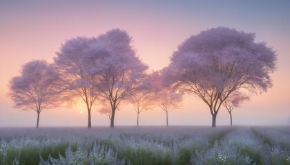 Fototapeta premium misty morning sunrise with field and trees on background