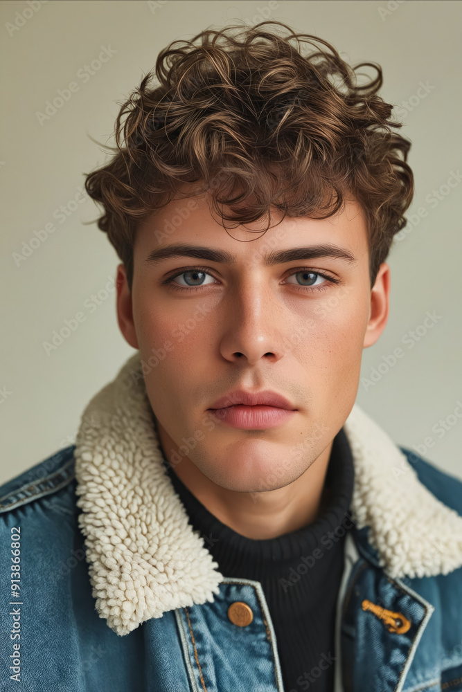 Poster a young man wearing a denim jacket with a fur collar