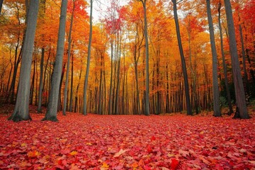 Autumn forest with trees displaying vibrant red, orange, and yellow leaves, and a carpet of fallen leaves covering the forest floor 