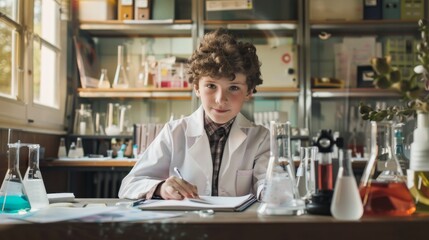 Fototapeta premium A young student in a lab coat, surrounded by scientific equipment, writes diligently in a laboratory, highlighting curiosity and the pursuit of knowledge.