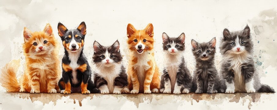 A charming lineup of adorable cats and dogs in various colors, showcasing their playful and friendly nature.