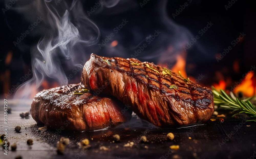 Wall mural steaks cooked on the grill and steaming