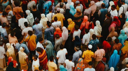 Obraz premium A vibrant crowd of people gathers from a high angle, showcasing a rich mosaic of colors, cultures, and interactions in a bustling public space.
