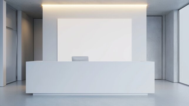 A sleek, minimalist reception desk in a bright, modern office lobby with a blank wall behind it, creating a serene and professional atmosphere.