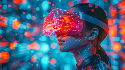 Woman experiencing virtual reality with blockchain technology