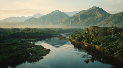 Obraz premium A tranquil river meanders through lush, green forests with towering mountain ranges in the distance beneath a pastel sky at dawn.