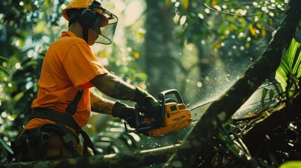 A chainsaw operator in an orange safety suit and helmet cutting through thick tree branches, surrounded by lush foliage and shimmering sunlight.