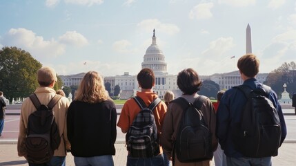 A group of five individuals with backpacks stands facing the Capitol Building under a clear sky,...