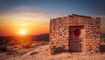 Exodus: The Bible Story about Pascha, Putting Blood on the Doorpost. An ancient stone house with a wooden door, the right doorpost marked with red blood.