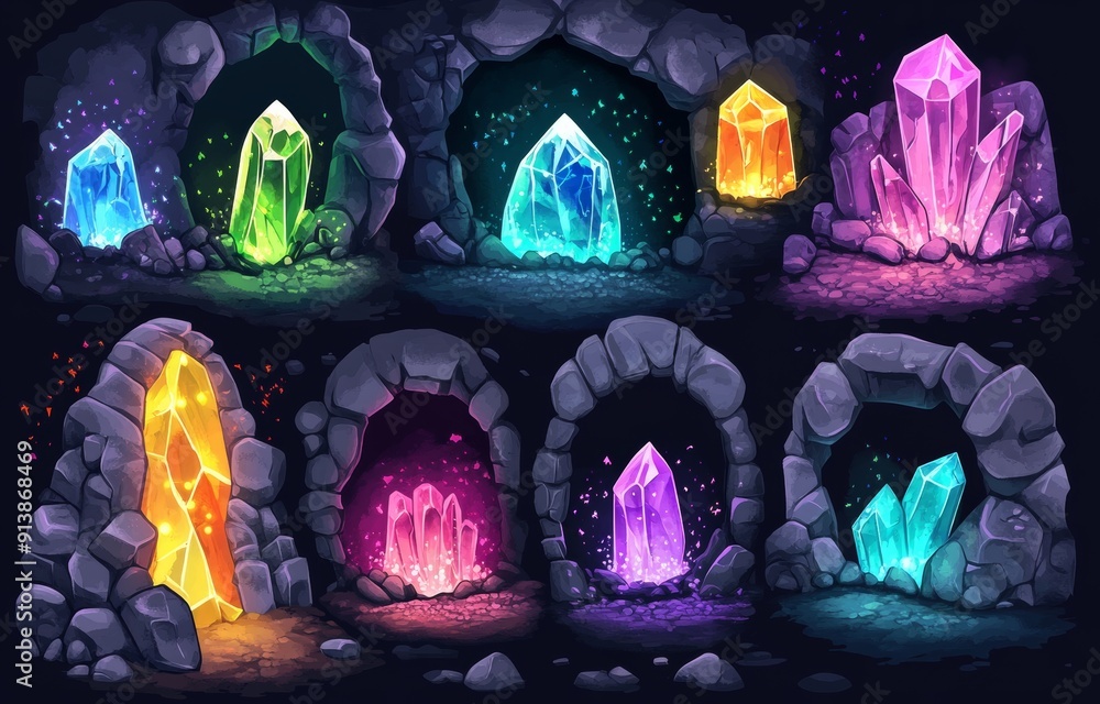 Poster an illustration of a set of magic stone portals isolated on a dark background, with color light radi