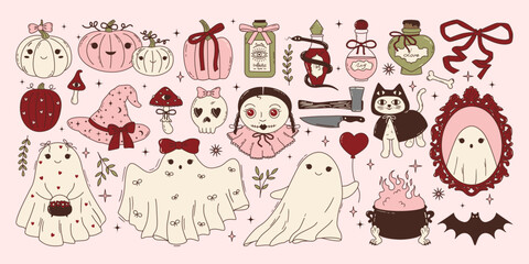 Set of trendy halloween elements in pink and dark red colors. Coquette style cute ghosts, vintage mirror, witch hat, pumpkins with bows, potion bottles. Victorian gothic clipart. Vector illustrations