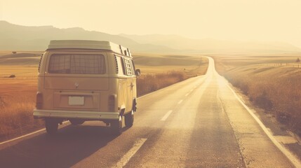 Obraz premium A vintage van travels down an empty, scenic road surrounded by golden fields, with mountains in the distance, under a warm, hazy sunset.