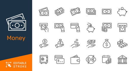 Money thin line icons. Editable stroke. Pixel perfect.