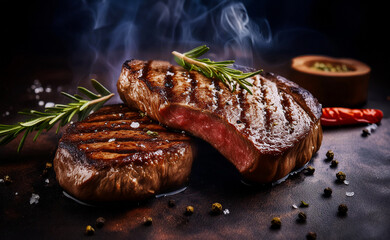 Steaks cooked on the grill and steaming.