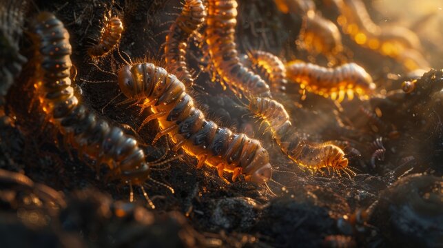 Colony of wireworms crawling on agricultural field soil