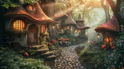 Obraz premium Enchanting mushroom-shaped houses with glowing windows nestled in a mystical forest path, bathed in ethereal golden sunlight.