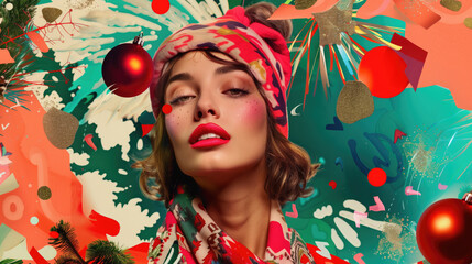Collage of stylish woman in colorful winter attire with artistic festive background featuring ornaments. Concepts of holiday fashion, creative expression, and seasonal celebration.