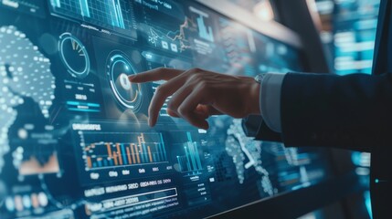 A hand interacts with a futuristic digital interface displaying data analytics, graphs, and world maps, showcasing modern technology and innovation.