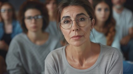 Obraz premium A woman in glasses gazes intently at the camera, surrounded by a diverse group, suggesting a thoughtful, reflective moment.