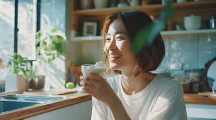 Woman in a bright kitchen, laughing and holding a glass of a creamy beverage, basking in natural light.