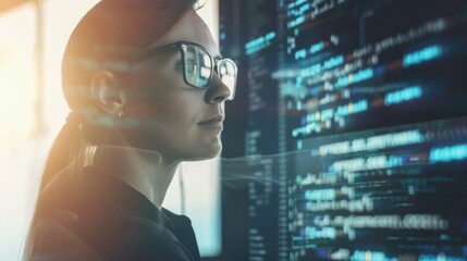 A focused professional in glasses analyzes complex data on multiple computer screens, reflecting a high-tech work environment.