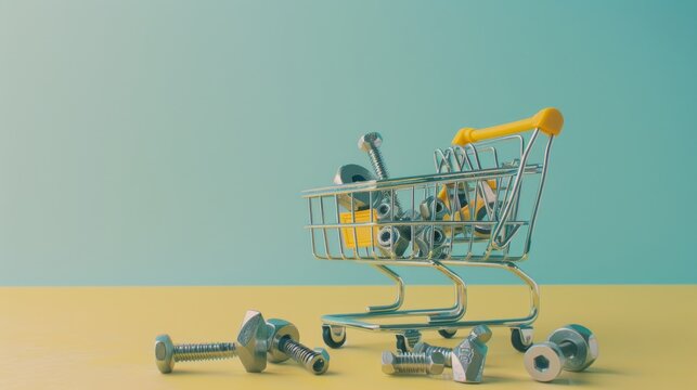 A mini shopping cart filled with bolts and screws, set against a pastel-colored background, juxtaposing industrial and delicate elements.