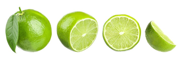 Fresh lime isolated on white, collage. Whole, half and slices