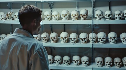 A collection of dozens of skulls lined up on shelves in a scientific setting with a person observing, representing research and study.