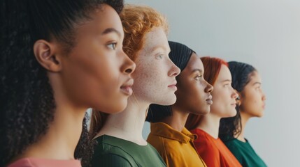 Obraz premium A diverse group of women stands in profile, each exhibiting unique features and expressions, set against a plain background, symbolizing unity and diversity.