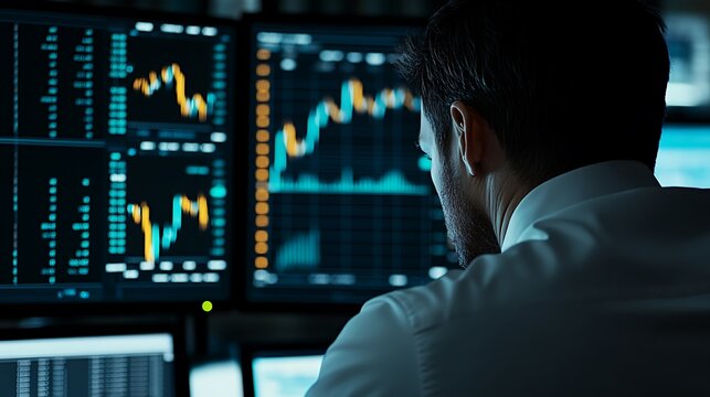Man Analysing Financial Data on Multiple Monitors