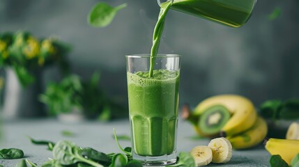 Vibrant green smoothie poured into a glass, surrounded by fresh spinach, banana, and kiwi, epitomizing a nutritious and refreshing health boost.