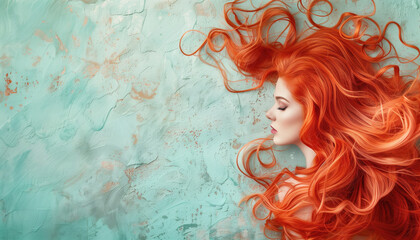 Woman with flowing red hair lying on textured teal wall for creative art and beauty concepts. Suitable for discussing hair care, beauty products, and National Redhead Day.