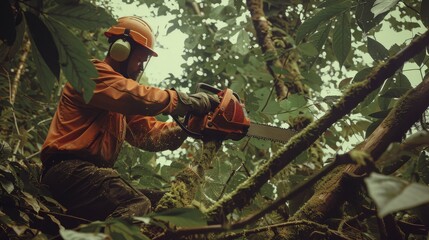 A lumberjack in protective gear using a chainsaw to cut through a tree branch in a dense forest, surrounded by lush greenery.