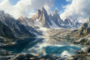 Fototapeta premium Dramatic mountain landscape with jagged peaks, a glacier in the distance, and a crystal-clear lake at the base reflecting the surrounding beauty 