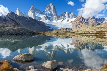 Dramatic mountain landscape with jagged peaks, a glacier in the distance, and a crystal-clear lake at the base reflecting the surrounding beauty 