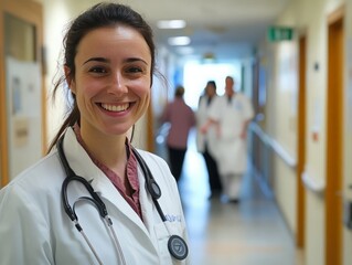 Fototapeta premium Female doctor smiling and standing confidently in a hospital corridor, with colleagues and patients visible in the background 