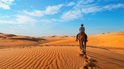 Fototapeta premium Under a clear blue sky, a lone rider on horseback journeys through expansive desert dunes, showcasing the vast and serene landscape.