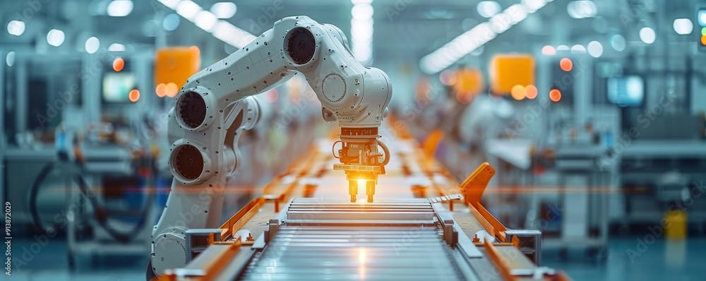 Poster high-tech robotic arms assembling products in a modern factory