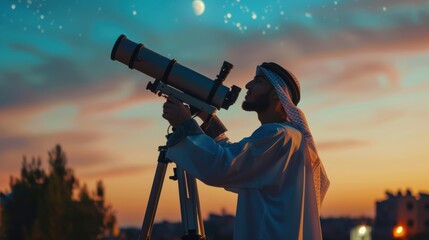 Fototapeta premium A man in traditional attire observes the night sky through a telescope at dusk, capturing the beauty of astronomy and cultural heritage.