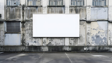 Obraz premium A vacant white signboard is affixed to the wall of a warehouse situated in an industrial zone.