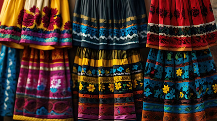 Fototapeta premium An image showcases a vibrant display of traditional Hispanic skirts, each adorned with intricate floral patterns.