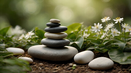 spa ambiance with balanced stones and blooming magnolia