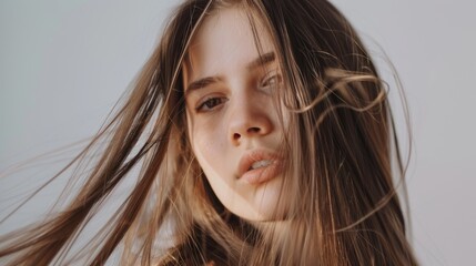 Fototapeta premium A woman with tousled hair poses against a neutral background, her expressive eyes and natural beauty accentuated by the soft, diffused lighting.